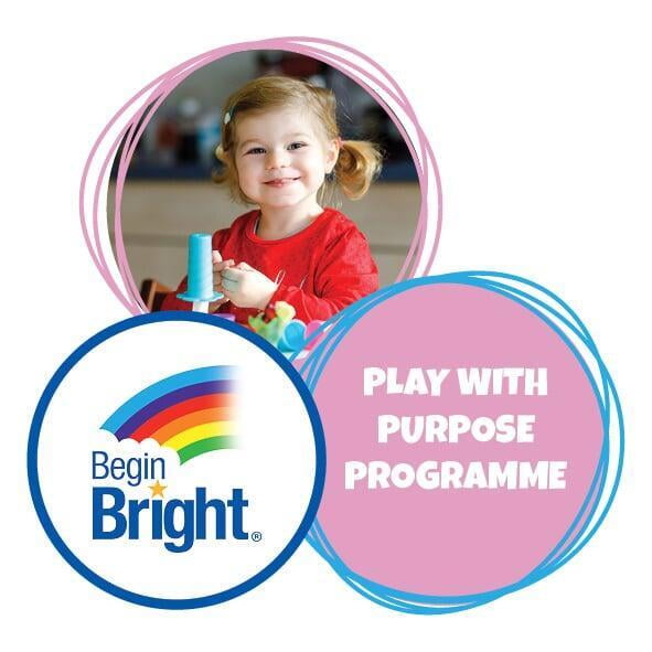 Little girl smiling playing with play-dough in the Begin Bright Play With Purpose programme, Begin Bright logo